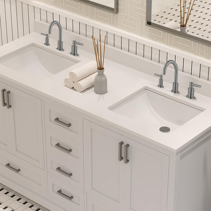 Ayna Decors Maya 60 Inch White Bathroom Vanity with Three Faucet Holes Quartz Countertop, 4 Soft Closing Doors and 5 Full Extension Drawers, Brushed Nickel Hardware