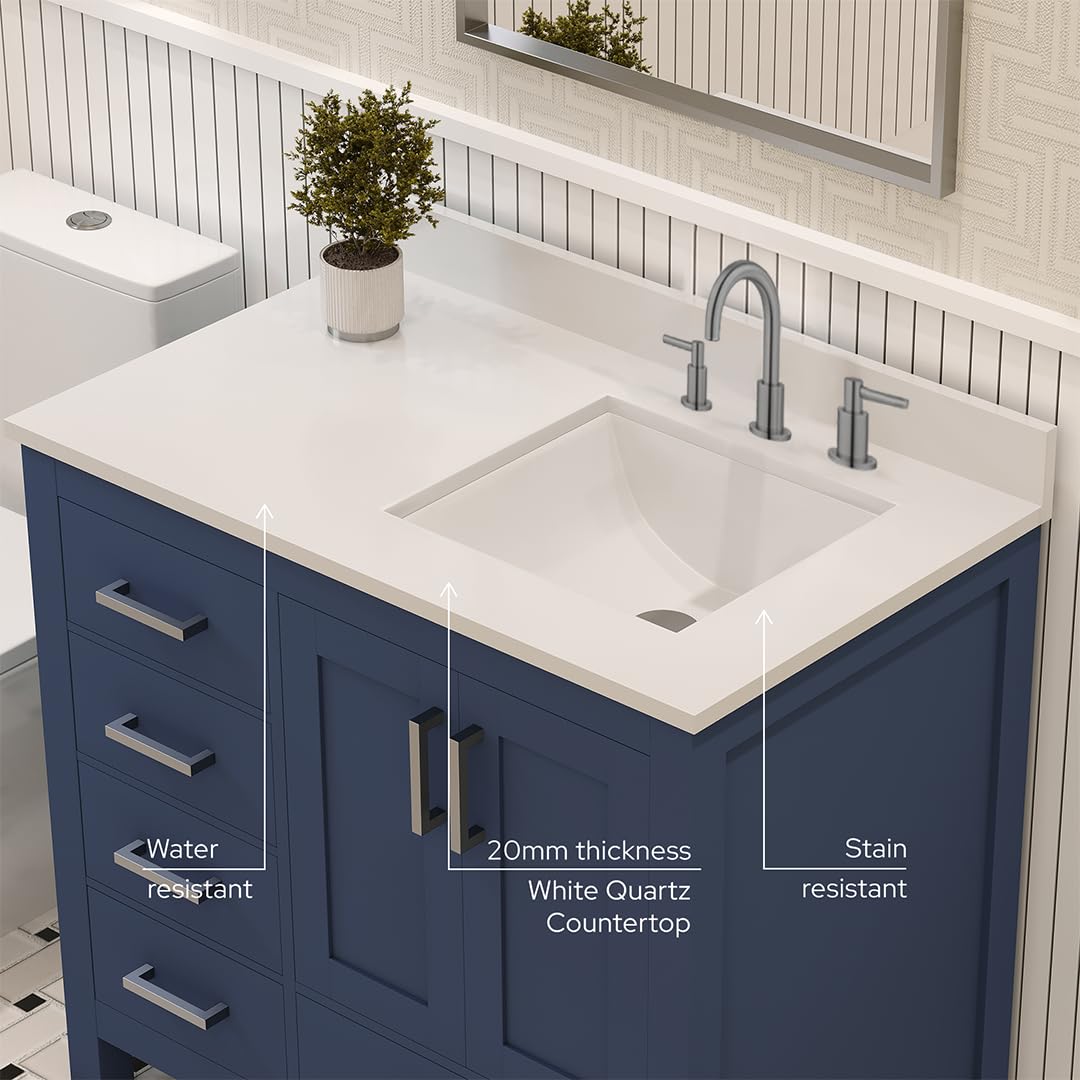 Ayna Decors Rooh 36 Inch Navy Blue Bathroom Vanity with Sink, Three Faucet Holes Quartz Top, 2 Soft Closing Doors, and 4 Full Extension Drawers, Brushed Nickel Hardware
