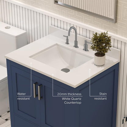 Ayna Decors Maya 30" Solid Wood Bathroom Vanity with Sink – Navy Blue, 3 Pre-Drilled Faucet Holes, 2 Soft-Close Doors, 1 Full-Extension Drawer, Brushed Nickel Handles