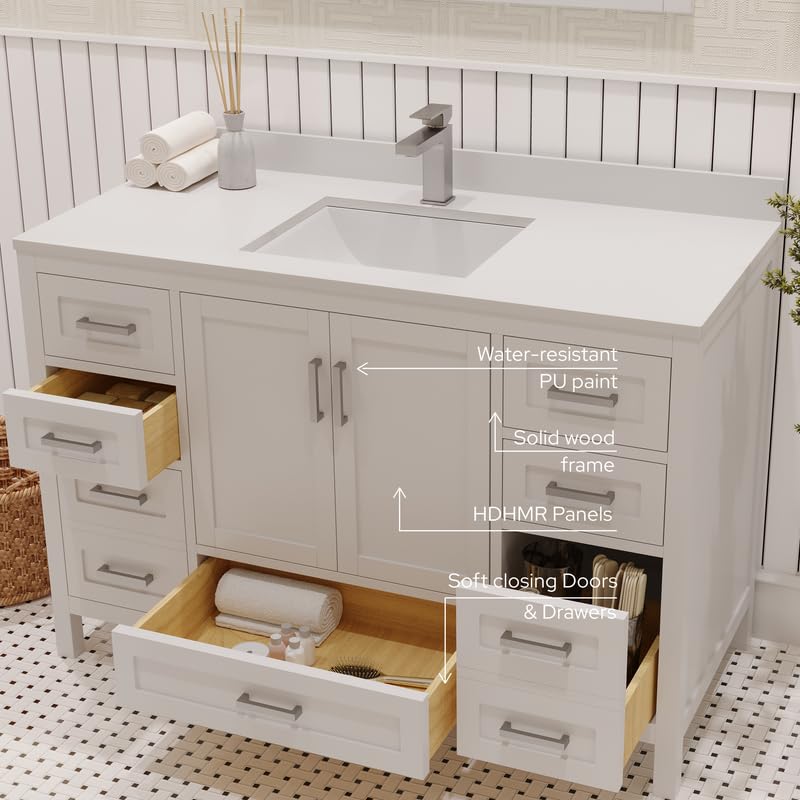 Ayna Decors Rooh 48 Inch White Bathroom Vanity with Sink, Quartz Countertop, 2 Soft Closing Doors, and 7 Full Extension Drawers, Brushed Nickel Hardware