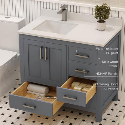 Ayna Decors Rooh 36 Inch Charcoal Grey Bathroom Vanity with Sink, Quartz Countertop, 2 Soft Closing Doors, and 4 Full Extension Drawers, Brushed Nickel Hardware