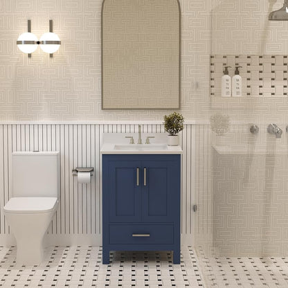 Ayna Decors Rooh 24" Solid Wood Bathroom Vanity with Sink – Navy Blue, 3 Pre-Drilled Faucet Holes, 2 Soft-Close Doors, 1 Full-Extension Drawer, Brushed Nickel Handles