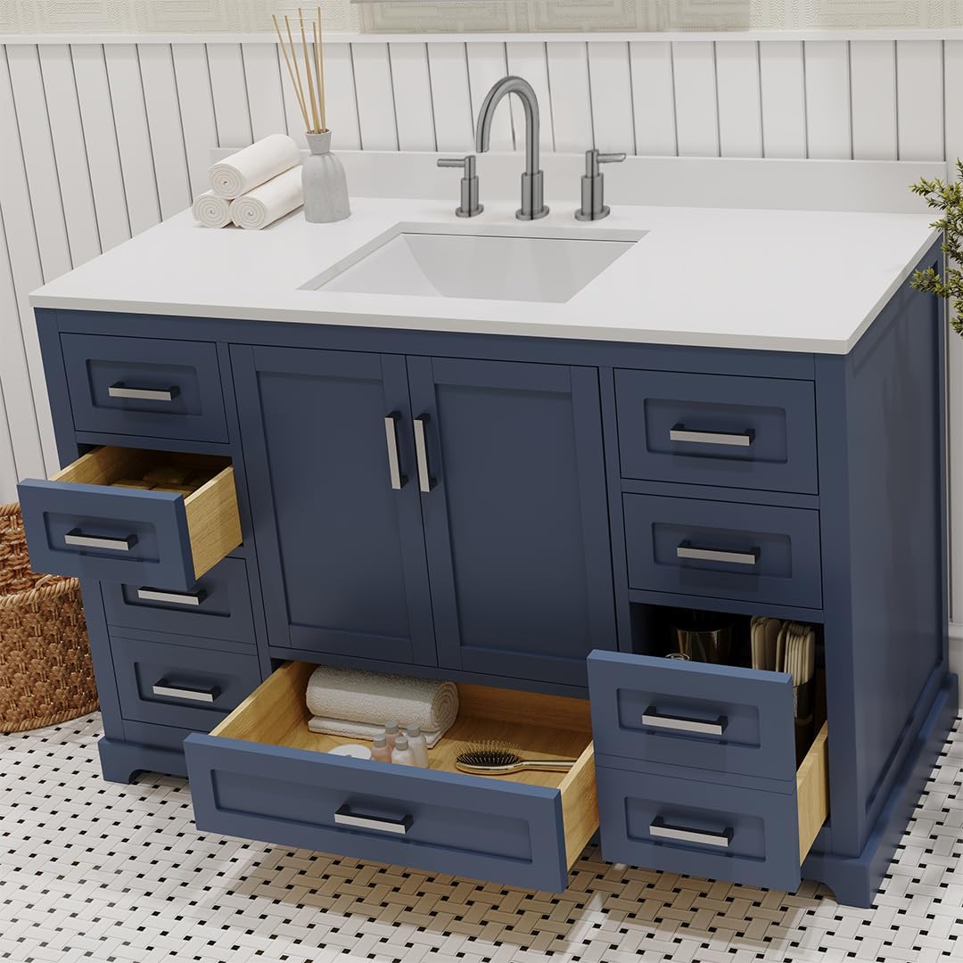 Ayna Decors Maya 48 Inch Navy Blue Bathroom Vanity with Sink and Quartz Countertop, 3 Pre-Drilled Faucet Holes, 2 Soft Closing Doors, and 7 Full Extension Drawers, Brushed Nickel Hardware