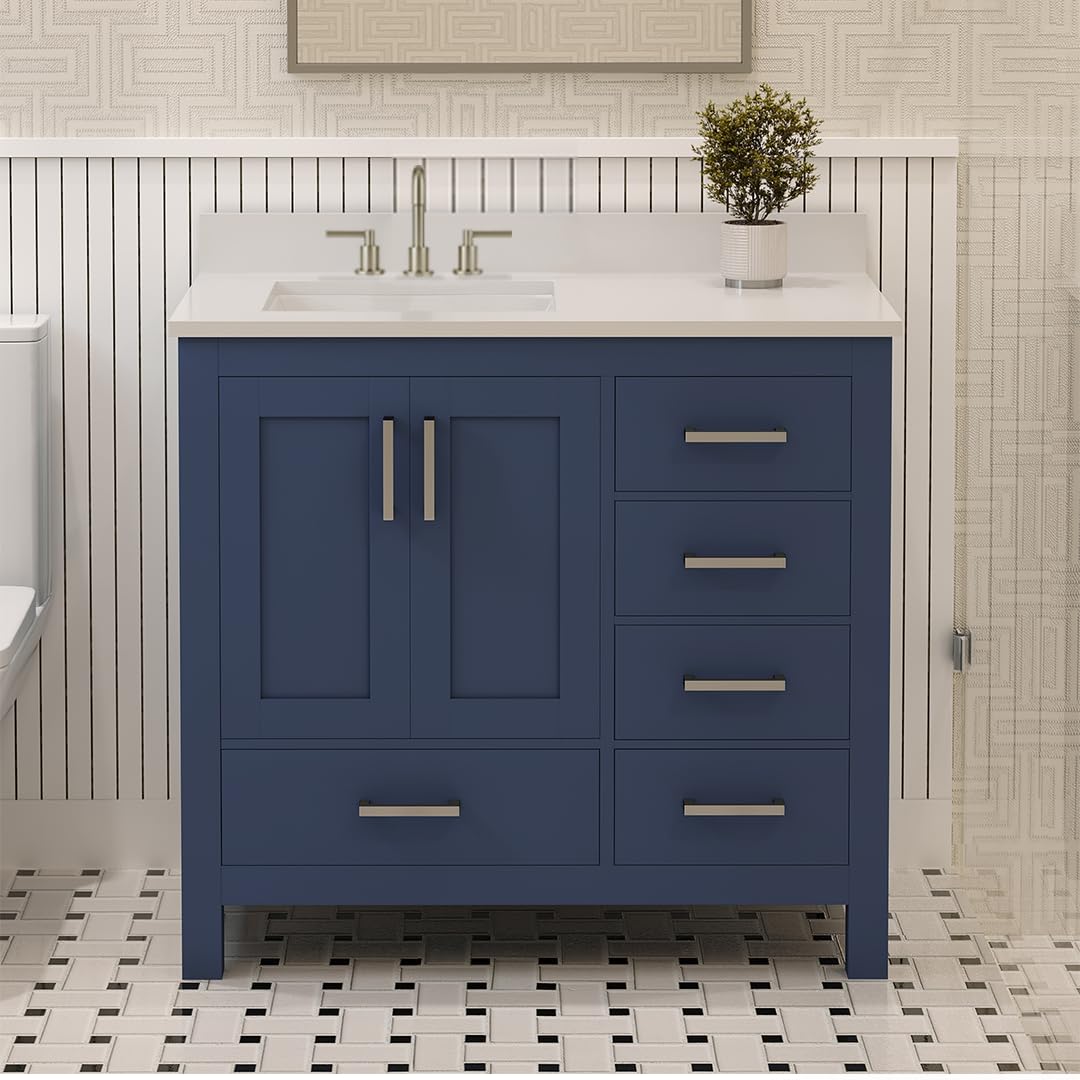 Ayna Decors Rooh 36 in. Left Navy Blue Bathroom Vanity with Sink, Three Faucet Holes Quartz Top, 2 Soft Closing Doors, and 4 Full Extension Drawers, Brushed Nickel Hardware