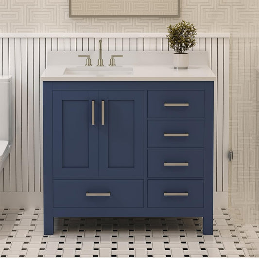 Ayna Decors Rooh 36 in. Left Navy Blue Bathroom Vanity with Sink, Three Faucet Holes Quartz Top, 2 Soft Closing Doors, and 4 Full Extension Drawers, Brushed Nickel Hardware
