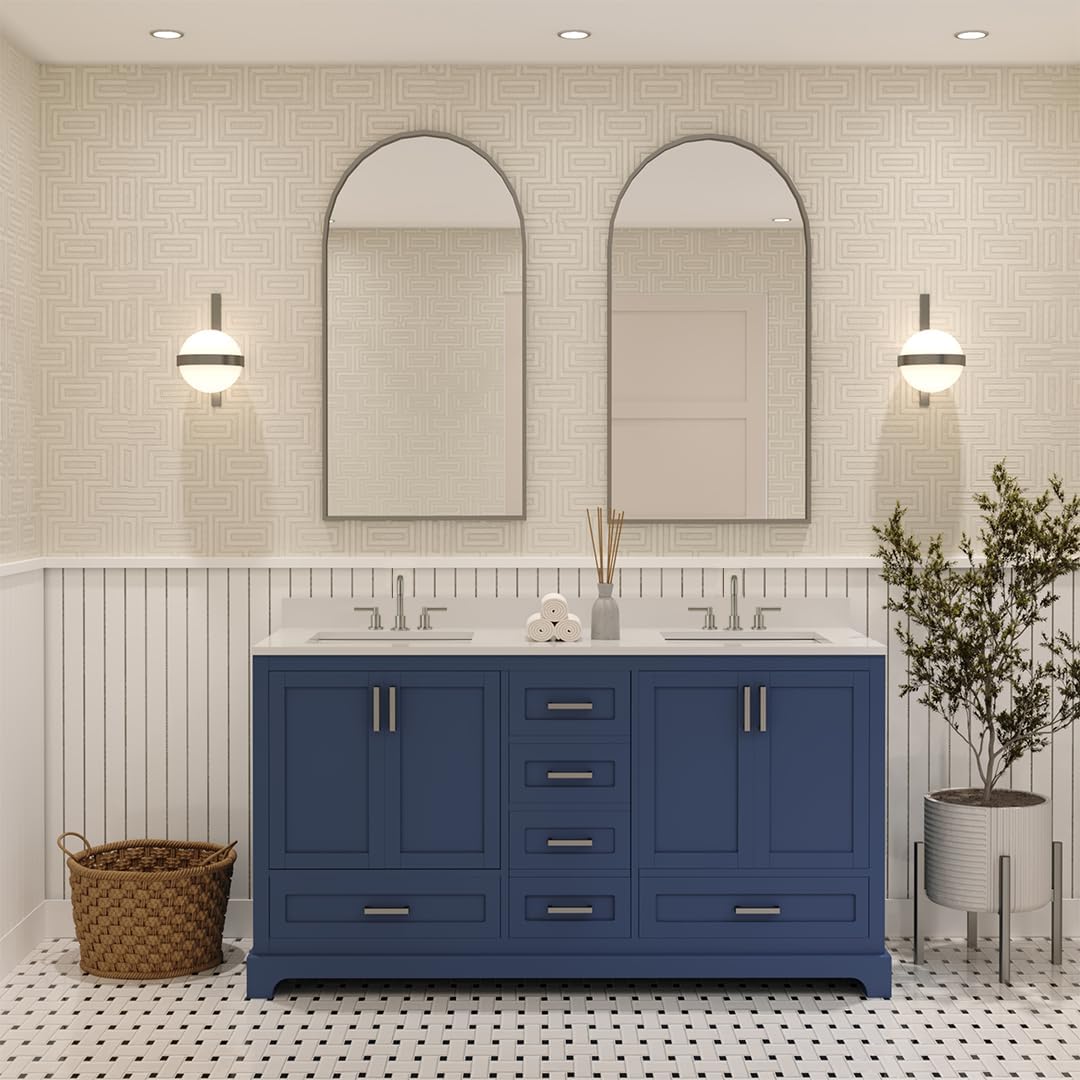 Ayna Decors Maya 60 Inch Navy Blue Bathroom Vanity with Three Faucet Holes Quartz Countertop, 4 Soft Closing Doors and 5 Full Extension Drawers, Brushed Nickel Hardware