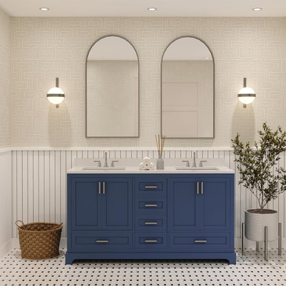 Ayna Decors Maya 60 Inch Navy Blue Bathroom Vanity with Three Faucet Holes Quartz Countertop, 4 Soft Closing Doors and 5 Full Extension Drawers, Brushed Nickel Hardware
