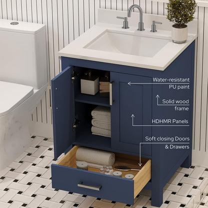 Ayna Decors Rooh 24" Solid Wood Bathroom Vanity with Sink – Navy Blue, 3 Pre-Drilled Faucet Holes, 2 Soft-Close Doors, 1 Full-Extension Drawer, Brushed Nickel Handles