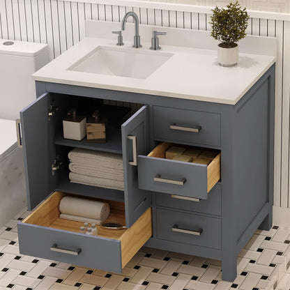 Ayna Decors Rooh 36 in. Left Charcoal Grey Bathroom Vanity with Sink, Three Faucet Holes Quartz Top, 2 Soft Closing Doors, and 4 Full Extension Drawers, Brushed Nickel Hardware