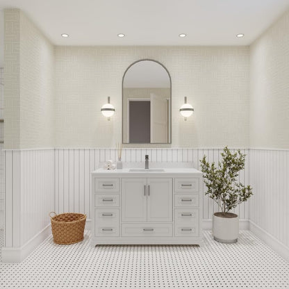 Ayna Decors Maya 48 Inch White Bathroom Vanity with Sink, Quartz Countertop, 2 Soft Closing Doors, and 7 Full Extension Drawers, Brushed Nickel Hardware