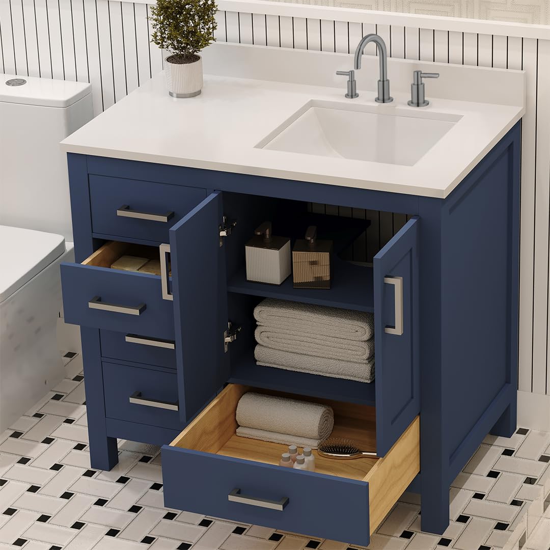 Ayna Decors Rooh 36 Inch Navy Blue Bathroom Vanity with Sink, Three Faucet Holes Quartz Top, 2 Soft Closing Doors, and 4 Full Extension Drawers, Brushed Nickel Hardware