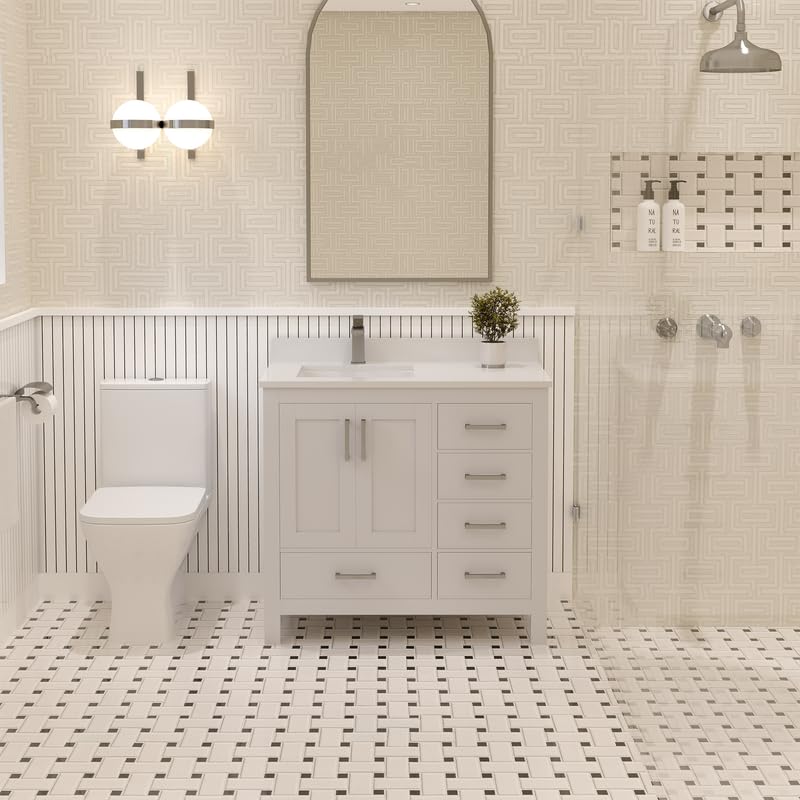 Ayna Decors Rooh 36 Inch White Bathroom Vanity with Sink, Quartz Countertop, 2 Soft Closing Doors, and 4 Full Extension Drawers, Brushed Nickel Hardware
