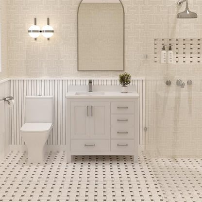 Ayna Decors Rooh 36 Inch White Bathroom Vanity with Sink, Quartz Countertop, 2 Soft Closing Doors, and 4 Full Extension Drawers, Brushed Nickel Hardware