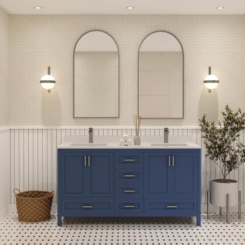 Ayna Decors Rooh 60 Inch Navy Blue Bathroom Vanity with Sink, Quartz Countertop, 4 Soft Closing Doors and 5 Full Extension Drawers, Brushed Nickel Hardware