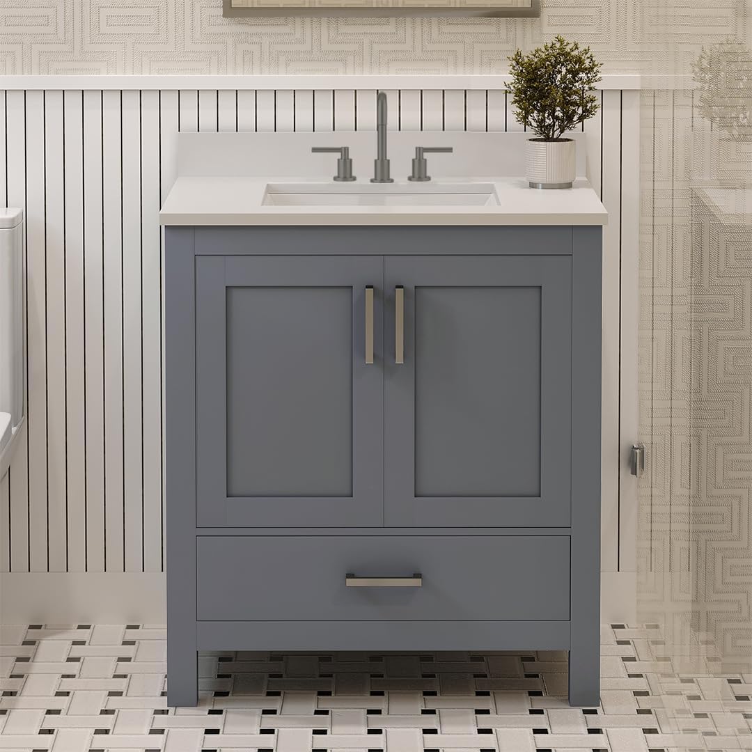 Ayna Decors Rooh 30" Solid Wood Bathroom Vanity with Sink – Charcoal Grey, 3 Pre-Drilled Faucet Holes, 2 Soft-Close Doors, 1 Full-Extension Drawer, Brushed Nickel Handles