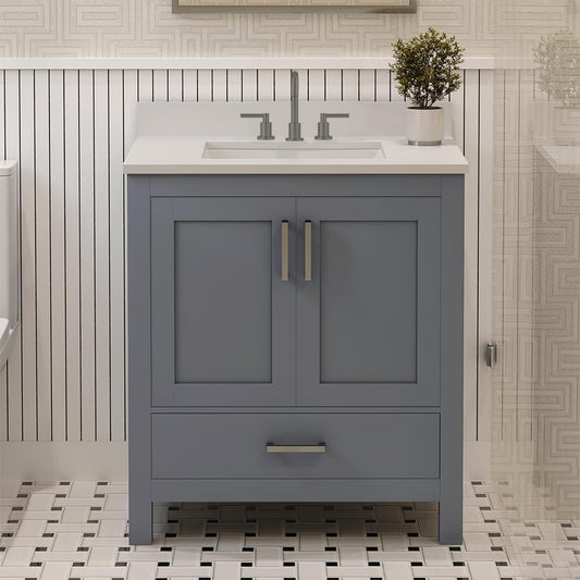 Ayna Decors Rooh 30" Solid Wood Bathroom Vanity with Sink – Charcoal Grey, 3 Pre-Drilled Faucet Holes, 2 Soft-Close Doors, 1 Full-Extension Drawer, Brushed Nickel Handles