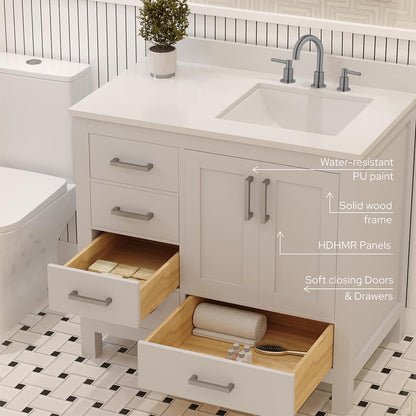 Ayna Decors Rooh 36 Inch White Bathroom Vanity with Sink, Three Faucet Holes Quartz Top, 2 Soft Closing Doors, and 4 Full Extension Drawers, Brushed Nickel Hardware