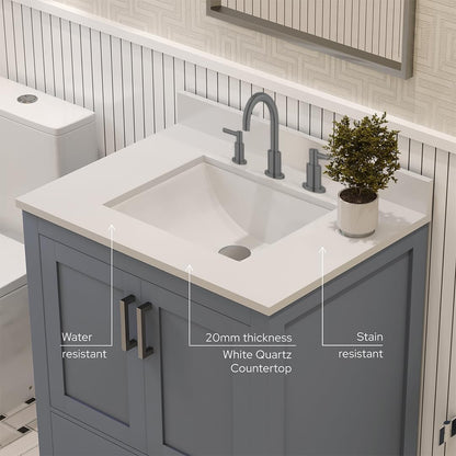 Ayna Decors Rooh 30" Solid Wood Bathroom Vanity with Sink – Charcoal Grey, 3 Pre-Drilled Faucet Holes, 2 Soft-Close Doors, 1 Full-Extension Drawer, Brushed Nickel Handles