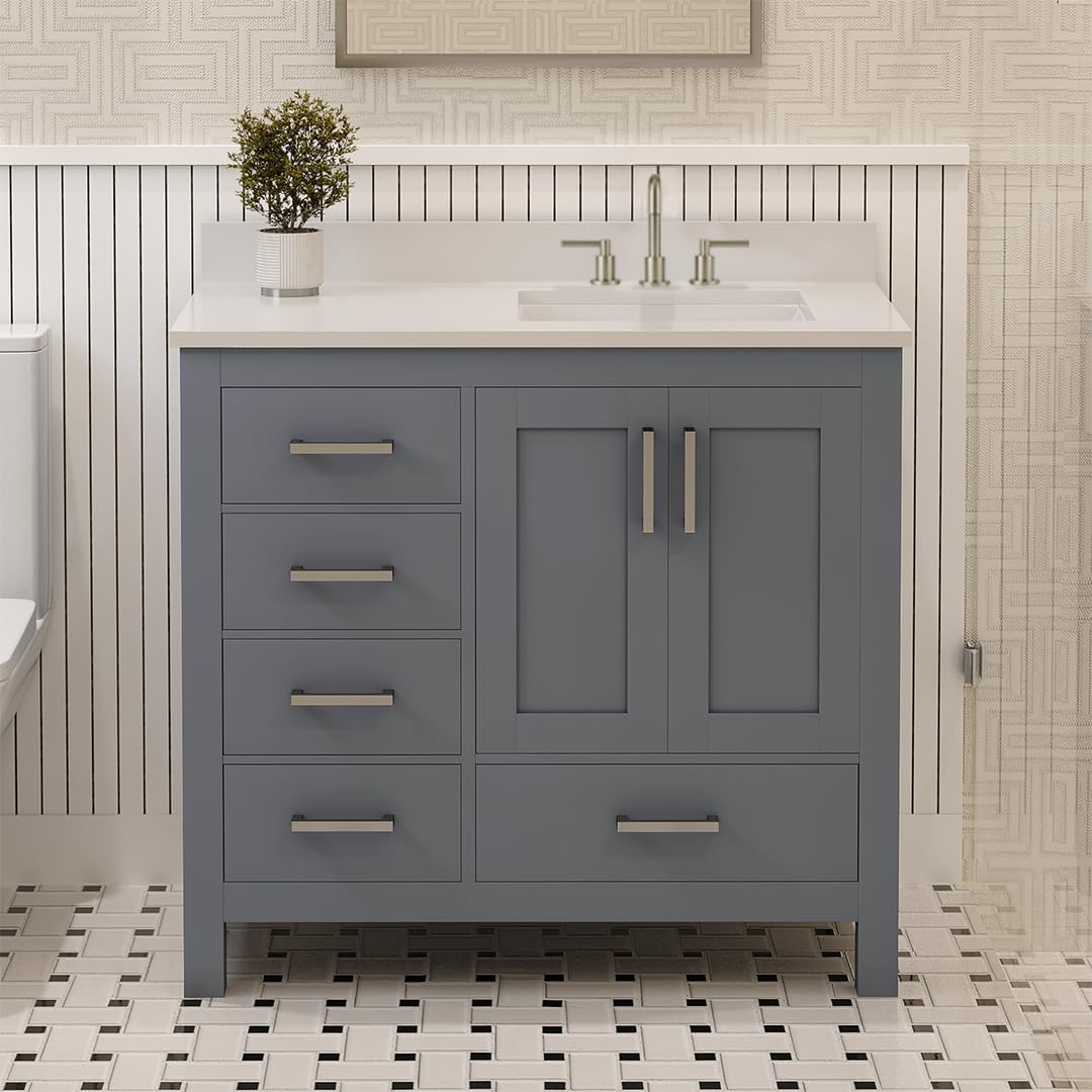 Ayna Decors Rooh 36 Inch Charcoal Grey Bathroom Vanity with Sink, Three Faucet Holes Quartz Top, 2 Soft Closing Doors, and 4 Full Extension Drawers, Brushed Nickel Hardware