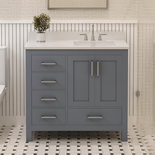 Ayna Decors Rooh 36 Inch Charcoal Grey Bathroom Vanity with Sink, Three Faucet Holes Quartz Top, 2 Soft Closing Doors, and 4 Full Extension Drawers, Brushed Nickel Hardware