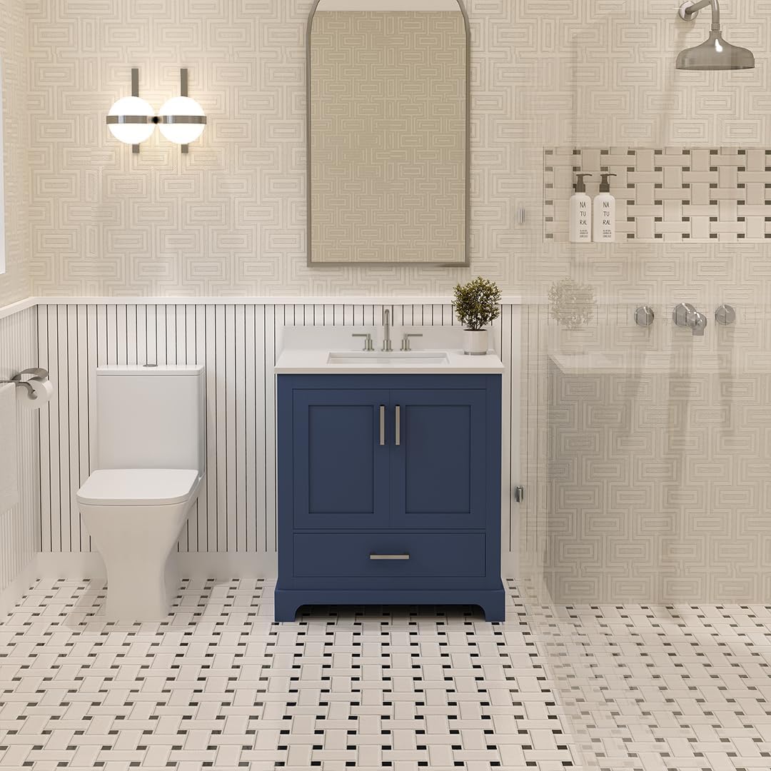 Ayna Decors Maya 30" Solid Wood Bathroom Vanity with Sink – Navy Blue, 3 Pre-Drilled Faucet Holes, 2 Soft-Close Doors, 1 Full-Extension Drawer, Brushed Nickel Handles