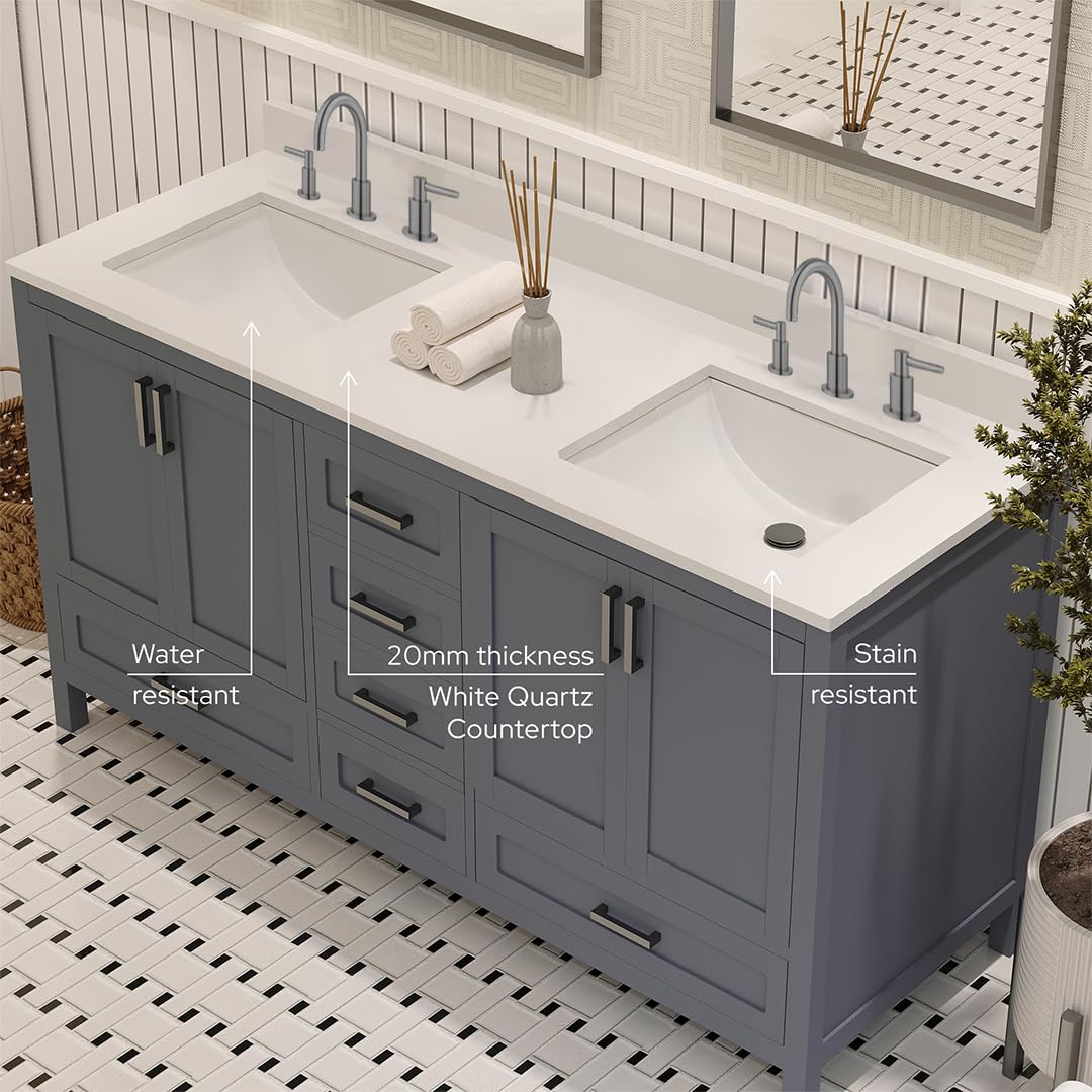 Ayna Decors Rooh 60 Inch Charcoal Grey Bathroom Vanity with Sink, Quartz Countertop, 4 Soft Closing Doors and 5 Full Extension Drawers, Brushed Nickel Hardware