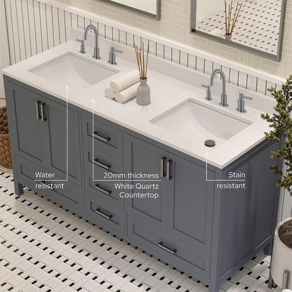 Ayna Decors Rooh 60 Inch Charcoal Grey Bathroom Vanity with Sink, Quartz Countertop, 4 Soft Closing Doors and 5 Full Extension Drawers, Brushed Nickel Hardware
