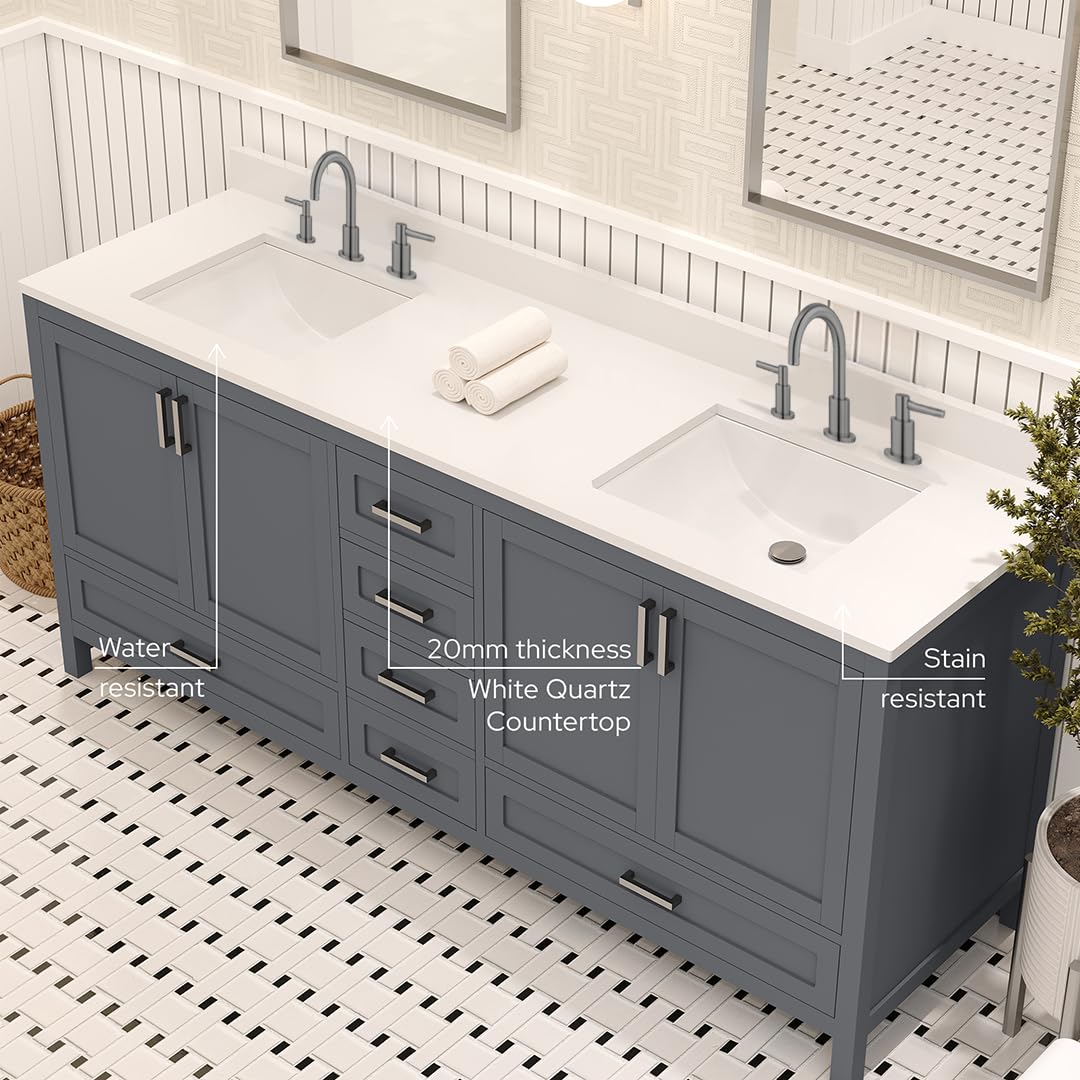 Ayna Decors Rooh 72 Inch Charcoal Grey Bathroom Vanity with Sink, Quartz Countertop, 4 Soft Closing Doors and 5 Full Extension Drawers, Brushed Nickel Hardware