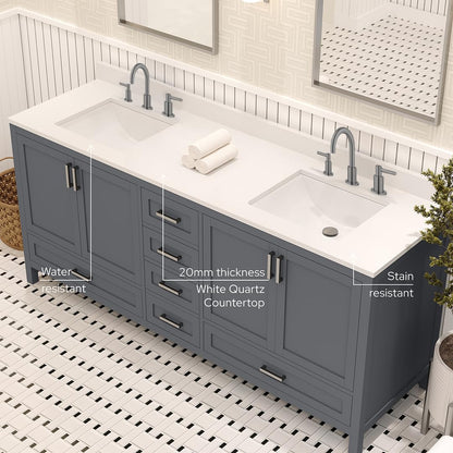 Ayna Decors Rooh 72 Inch Charcoal Grey Bathroom Vanity with Sink, Quartz Countertop, 4 Soft Closing Doors and 5 Full Extension Drawers, Brushed Nickel Hardware