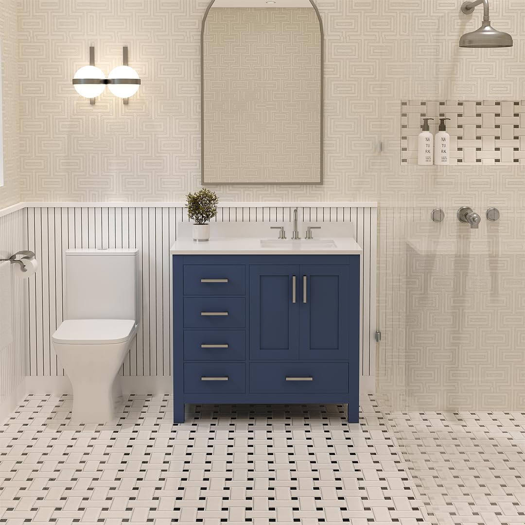 Ayna Decors Rooh 36 Inch Navy Blue Bathroom Vanity with Sink, Three Faucet Holes Quartz Top, 2 Soft Closing Doors, and 4 Full Extension Drawers, Brushed Nickel Hardware