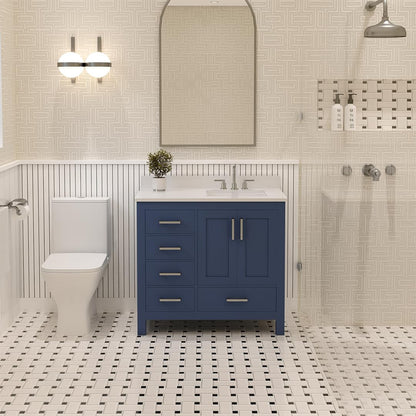 Ayna Decors Rooh 36 Inch Navy Blue Bathroom Vanity with Sink, Three Faucet Holes Quartz Top, 2 Soft Closing Doors, and 4 Full Extension Drawers, Brushed Nickel Hardware