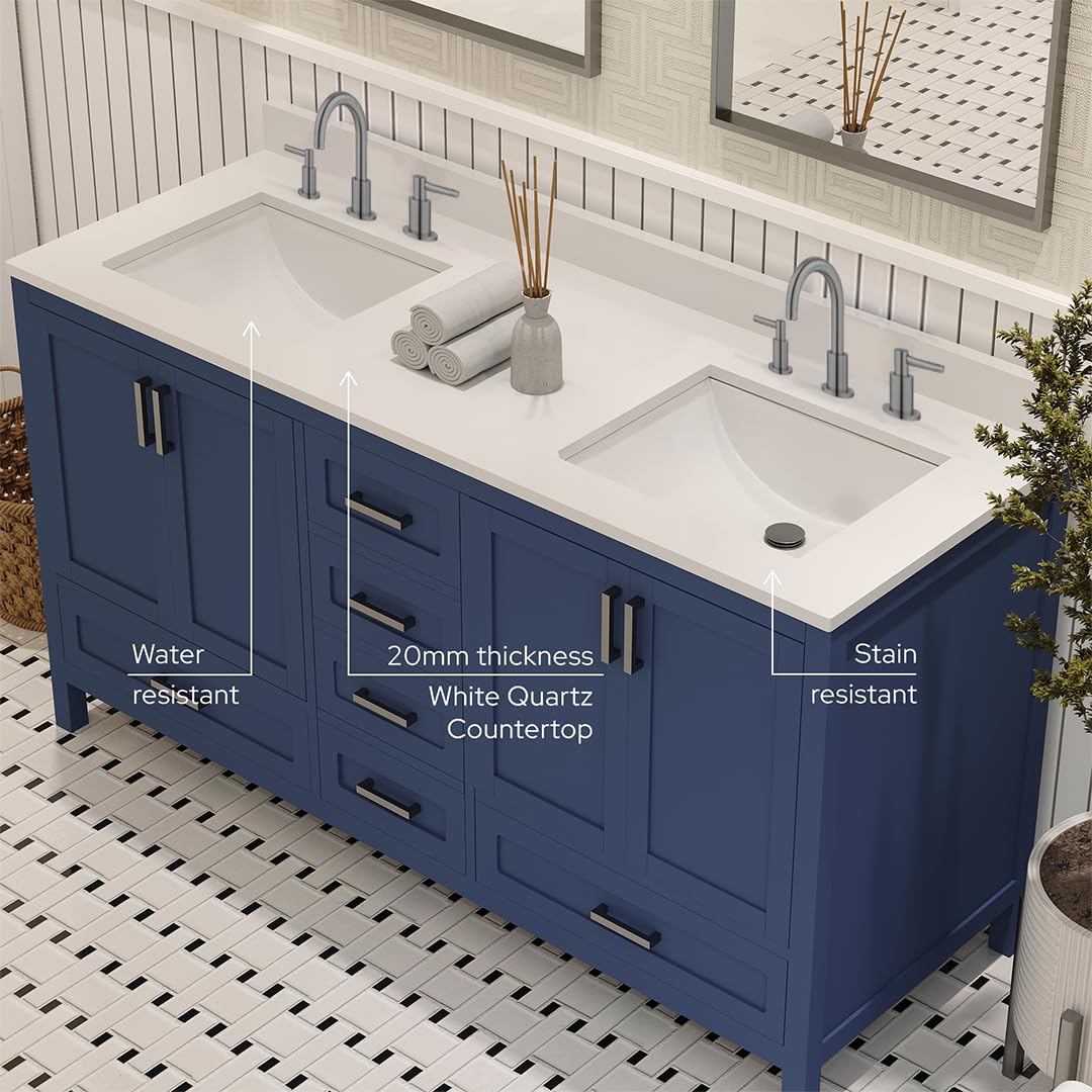 Ayna Decors Rooh 60 Inch Navy Blue Bathroom Vanity with Three Faucet Holes Quartz Countertop, 4 Soft Closing Doors and 5 Full Extension Drawers, Brushed Nickel Hardware