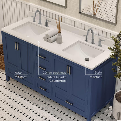 Ayna Decors Rooh 60 Inch Navy Blue Bathroom Vanity with Three Faucet Holes Quartz Countertop, 4 Soft Closing Doors and 5 Full Extension Drawers, Brushed Nickel Hardware