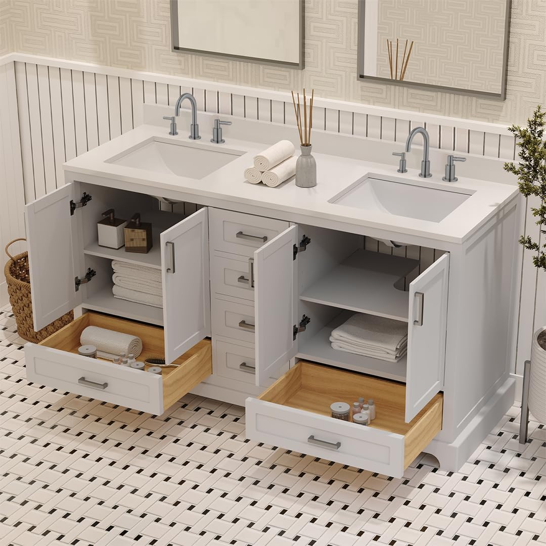 Ayna Decors Maya 60 Inch White Bathroom Vanity with Three Faucet Holes Quartz Countertop, 4 Soft Closing Doors and 5 Full Extension Drawers, Brushed Nickel Hardware