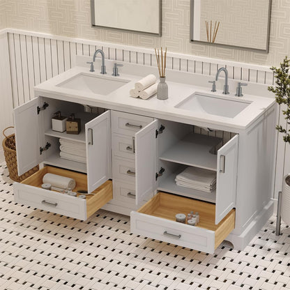 Ayna Decors Maya 60 Inch White Bathroom Vanity with Three Faucet Holes Quartz Countertop, 4 Soft Closing Doors and 5 Full Extension Drawers, Brushed Nickel Hardware