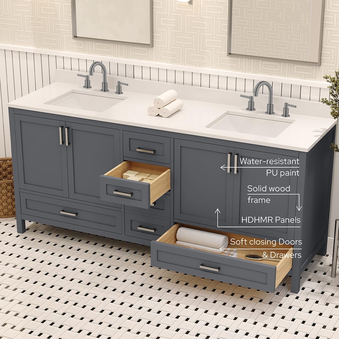 Ayna Decors Rooh 72 Inch Charcoal Grey Bathroom Vanity with Sink, Quartz Countertop, 4 Soft Closing Doors and 5 Full Extension Drawers, Brushed Nickel Hardware