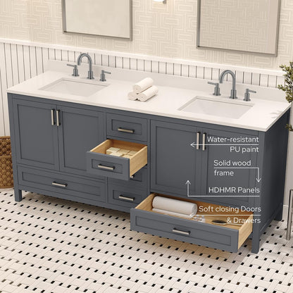Ayna Decors Rooh 72 Inch Charcoal Grey Bathroom Vanity with Sink, Quartz Countertop, 4 Soft Closing Doors and 5 Full Extension Drawers, Brushed Nickel Hardware