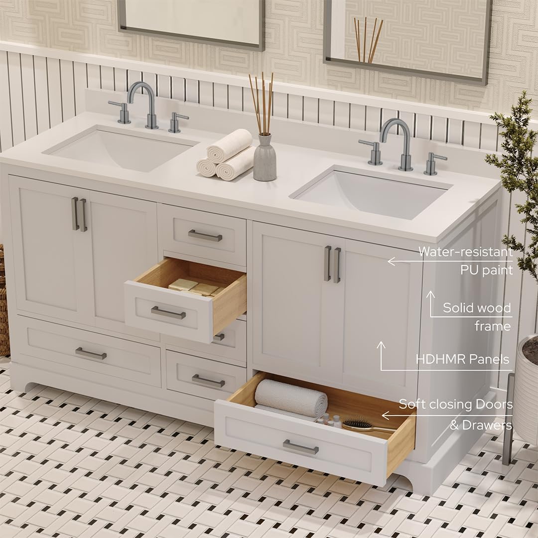 Ayna Decors Maya 60 Inch White Bathroom Vanity with Three Faucet Holes Quartz Countertop, 4 Soft Closing Doors and 5 Full Extension Drawers, Brushed Nickel Hardware