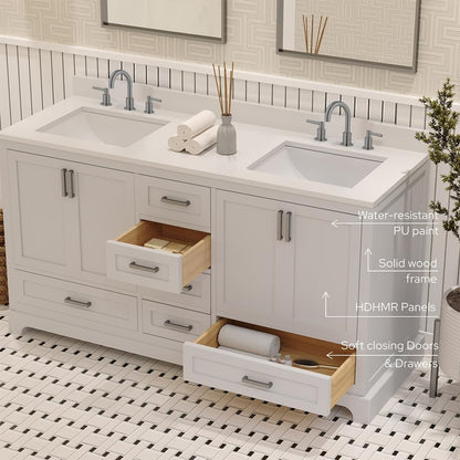Ayna Decors Maya 60 Inch White Bathroom Vanity with Three Faucet Holes Quartz Countertop, 4 Soft Closing Doors and 5 Full Extension Drawers, Brushed Nickel Hardware