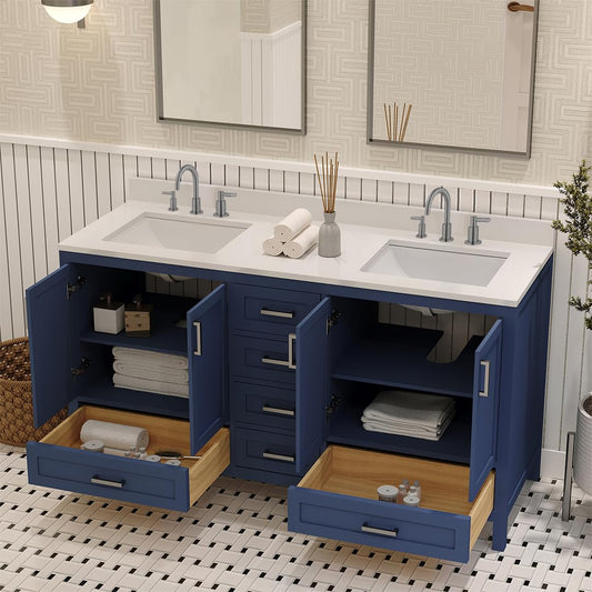 Ayna Decors Rooh 60 Inch Navy Blue Bathroom Vanity with Three Faucet Holes Quartz Countertop, 4 Soft Closing Doors and 5 Full Extension Drawers, Brushed Nickel Hardware