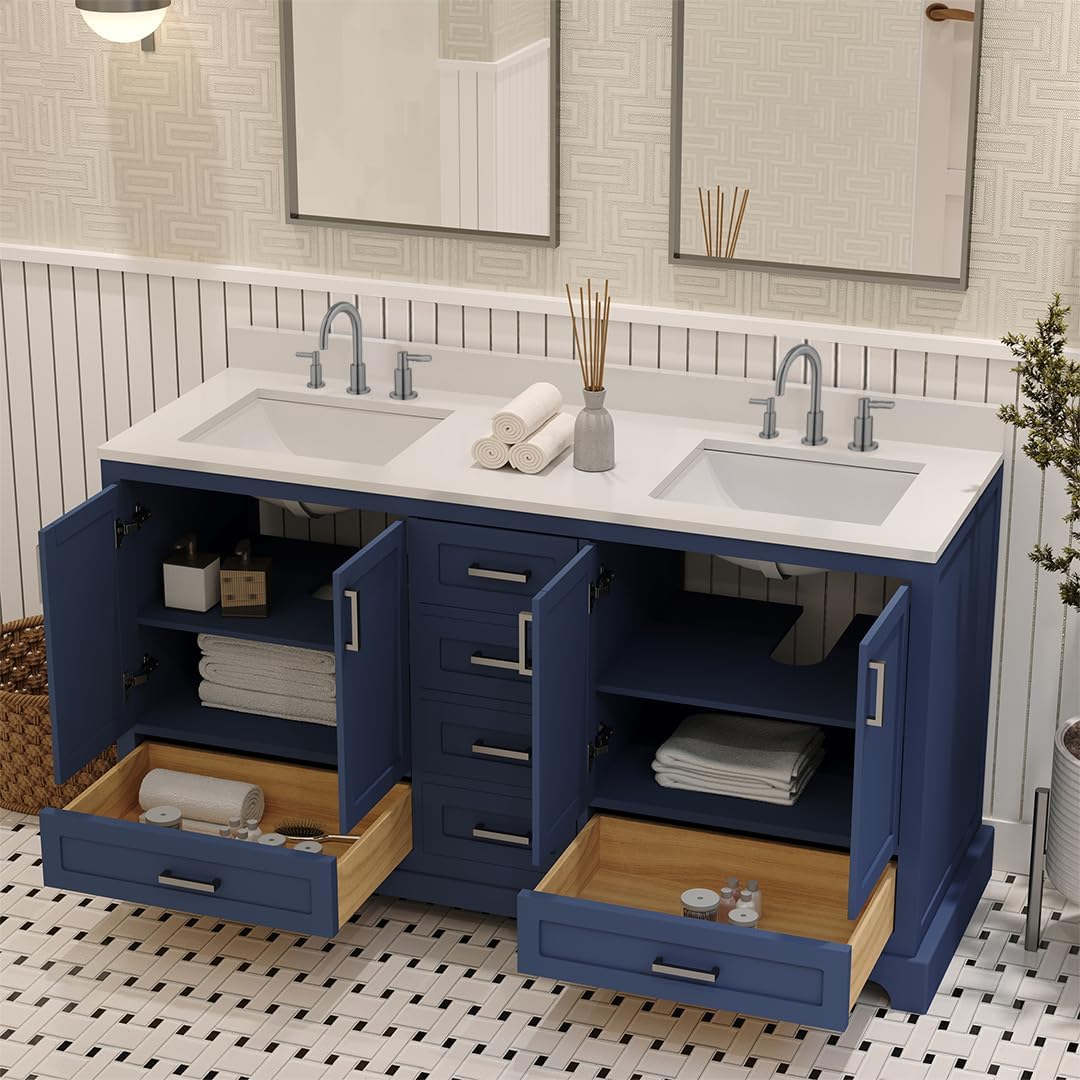 Ayna Decors Maya 60 Inch Navy Blue Bathroom Vanity with Three Faucet Holes Quartz Countertop, 4 Soft Closing Doors and 5 Full Extension Drawers, Brushed Nickel Hardware