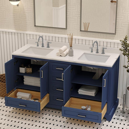 Ayna Decors Maya 60 Inch Navy Blue Bathroom Vanity with Three Faucet Holes Quartz Countertop, 4 Soft Closing Doors and 5 Full Extension Drawers, Brushed Nickel Hardware