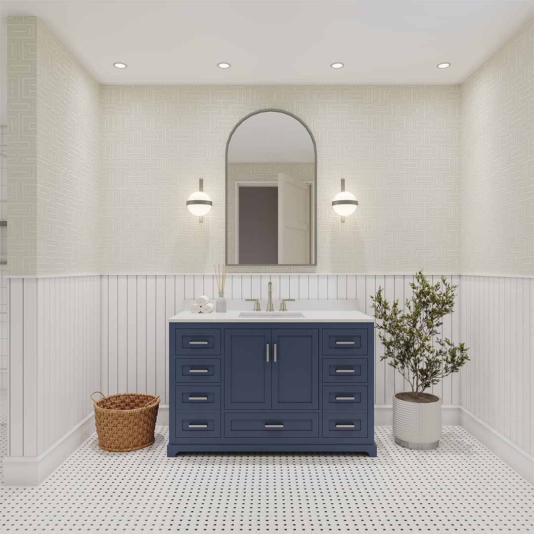Ayna Decors Maya 48 Inch Navy Blue Bathroom Vanity with Sink and Quartz Countertop, 3 Pre-Drilled Faucet Holes, 2 Soft Closing Doors, and 7 Full Extension Drawers, Brushed Nickel Hardware