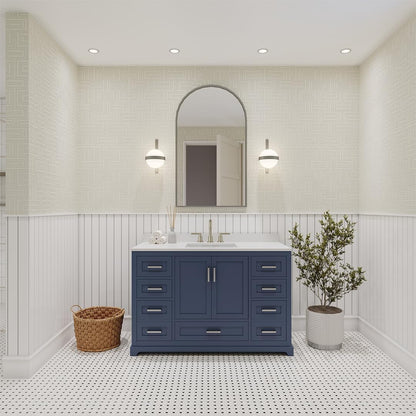 Ayna Decors Maya 48 Inch Navy Blue Bathroom Vanity with Sink and Quartz Countertop, 3 Pre-Drilled Faucet Holes, 2 Soft Closing Doors, and 7 Full Extension Drawers, Brushed Nickel Hardware