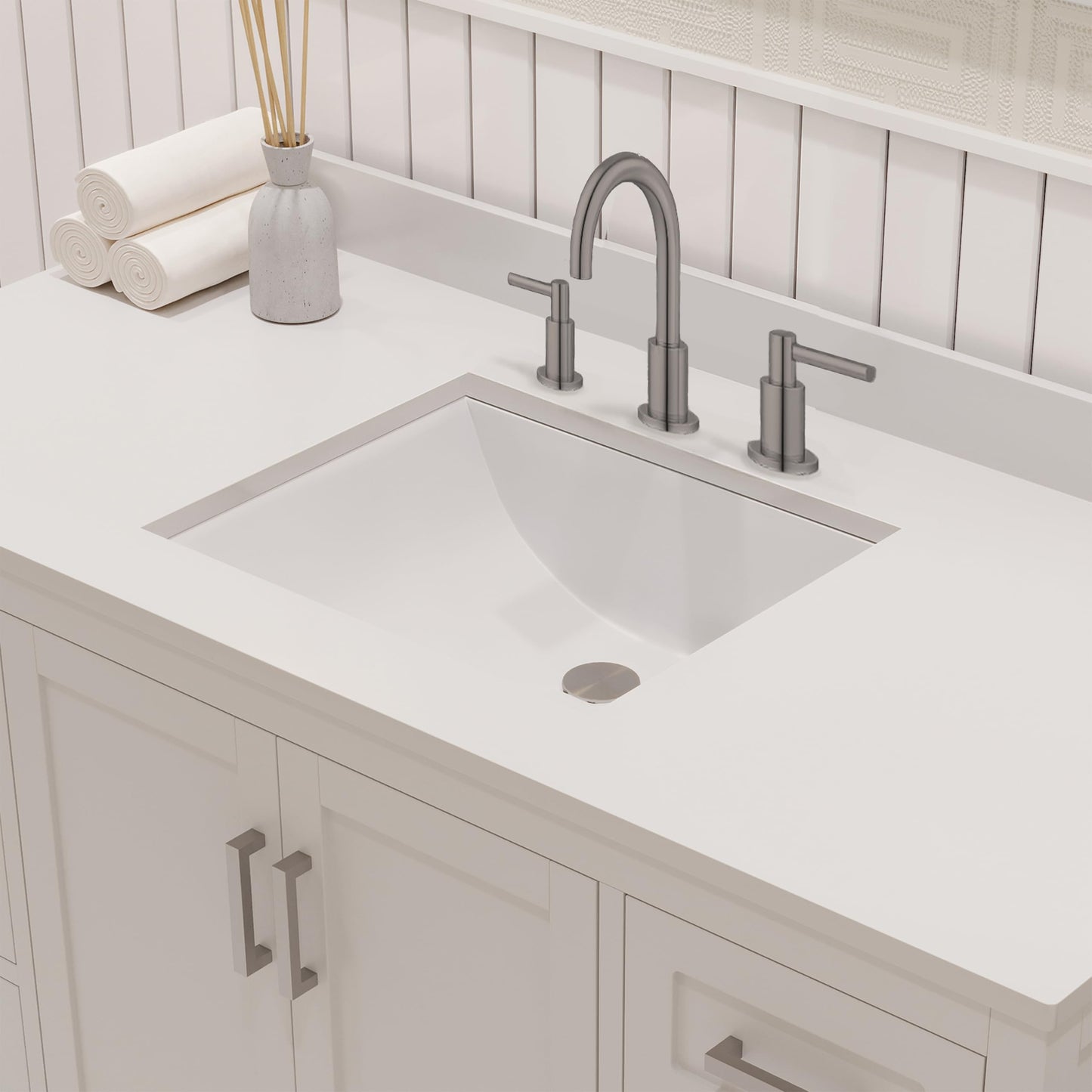 Ayna Decors Rooh 48 Inch White Bathroom Vanity with Sink and Quartz Countertop, 3 Pre-Drilled Faucet Holes, 2 Soft Closing Doors, and 7 Full Extension Drawers, Brushed Nickel Hardware