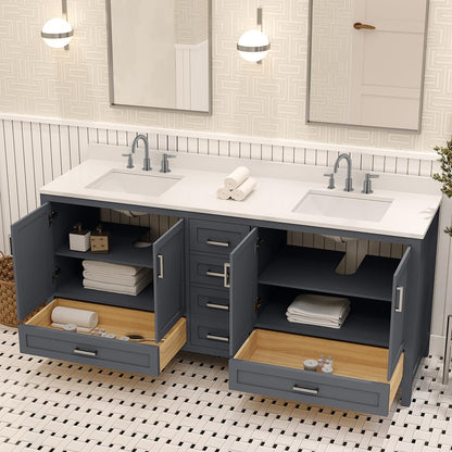 Ayna Decors Rooh 72 Inch Charcoal Grey Bathroom Vanity with Sink, Quartz Countertop, 4 Soft Closing Doors and 5 Full Extension Drawers, Brushed Nickel Hardware