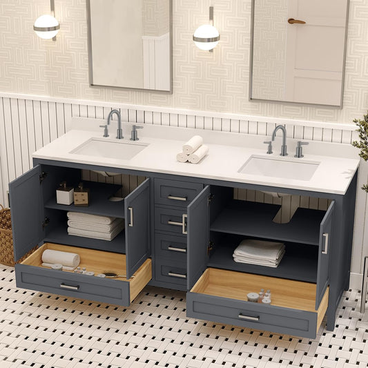 Ayna Decors Rooh 72 Inch Charcoal Grey Bathroom Vanity with Sink, Quartz Countertop, 4 Soft Closing Doors and 5 Full Extension Drawers, Brushed Nickel Hardware