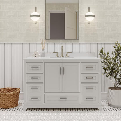 Ayna Decors Maya 48 Inch White Bathroom Vanity with Sink and Quartz Countertop, 3 Pre-Drilled Faucet Holes, 2 Soft Closing Doors, and 7 Full Extension Drawers, Brushed Nickel Hardware