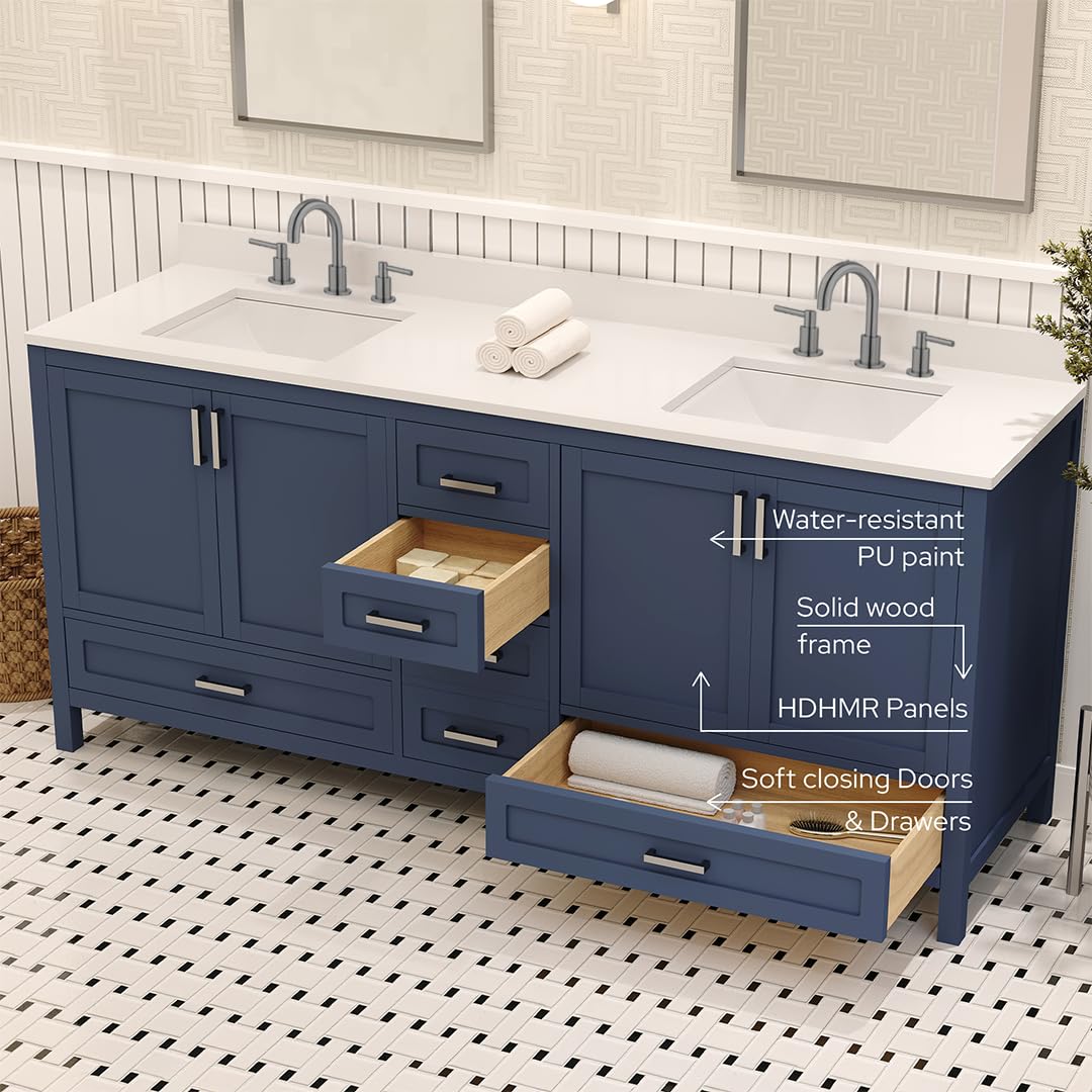 Ayna Decors Rooh 72 Inch Navy Blue Bathroom Vanity with Three Faucet Holes Quartz Countertop, 4 Soft Closing Doors and 5 Full Extension Drawers, Brushed Nickel Hardware