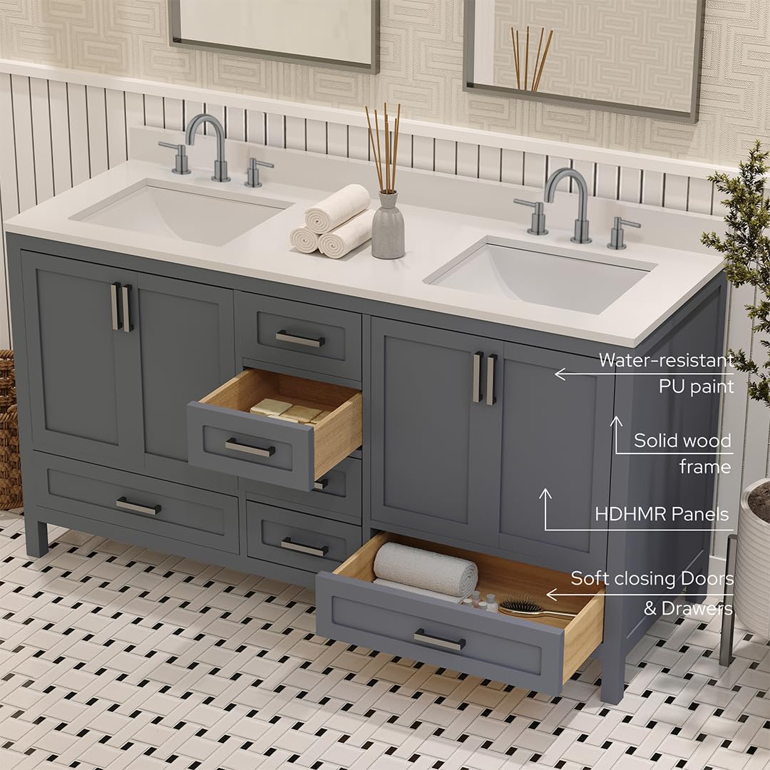 Ayna Decors Rooh 60 Inch Charcoal Grey Bathroom Vanity with Sink, Quartz Countertop, 4 Soft Closing Doors and 5 Full Extension Drawers, Brushed Nickel Hardware